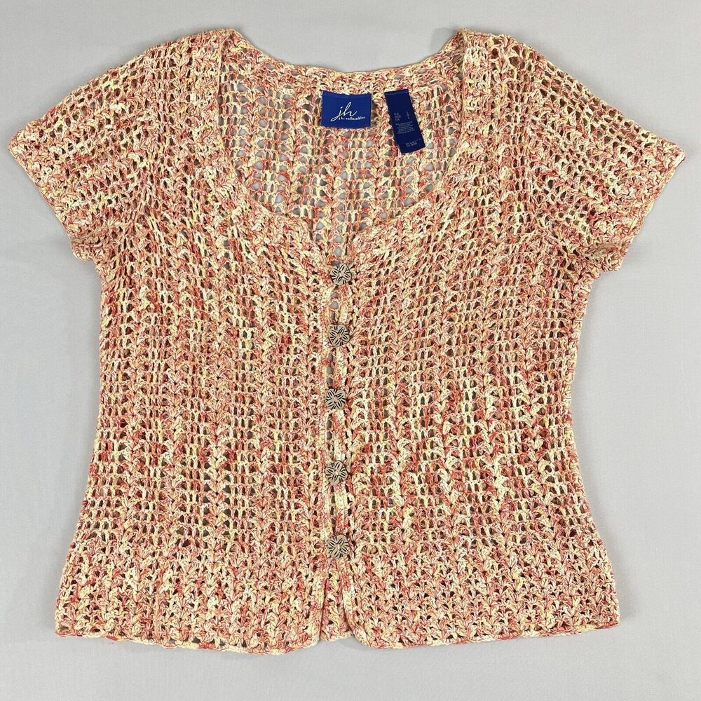 J H Collectibles Button-Front Sweater Women's L Red & Yellow Linen Blend Crochet